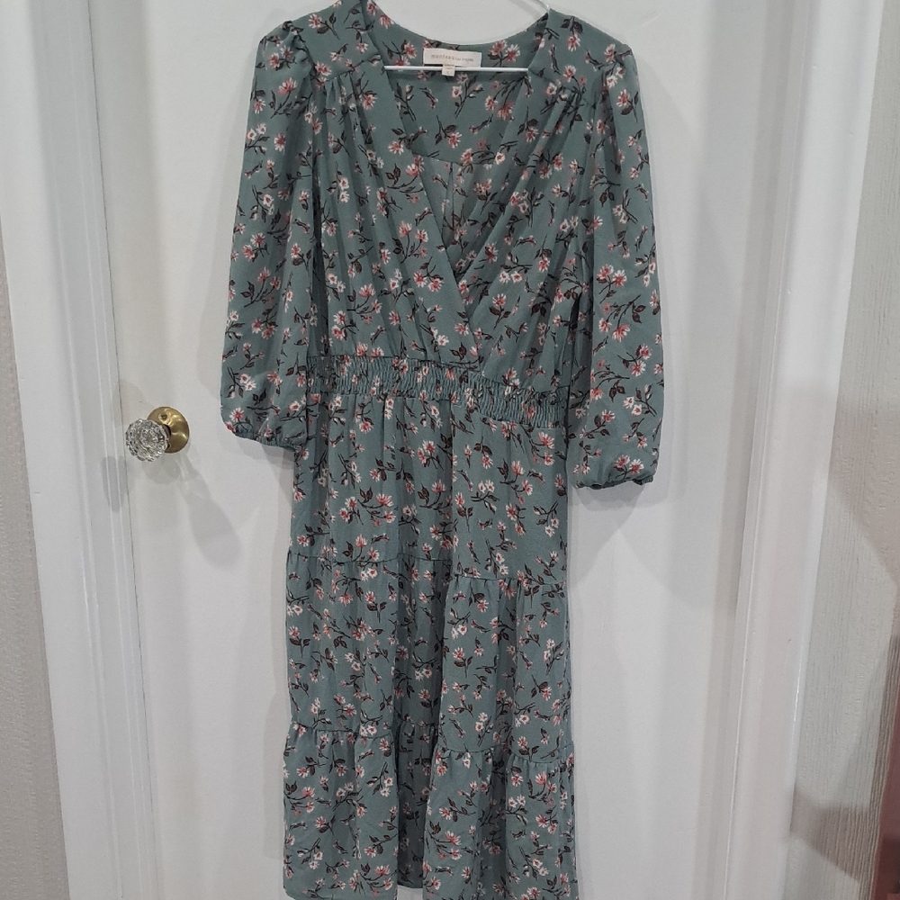 Monteau Los Angeles Floral Long Sleeve Dress in Teal